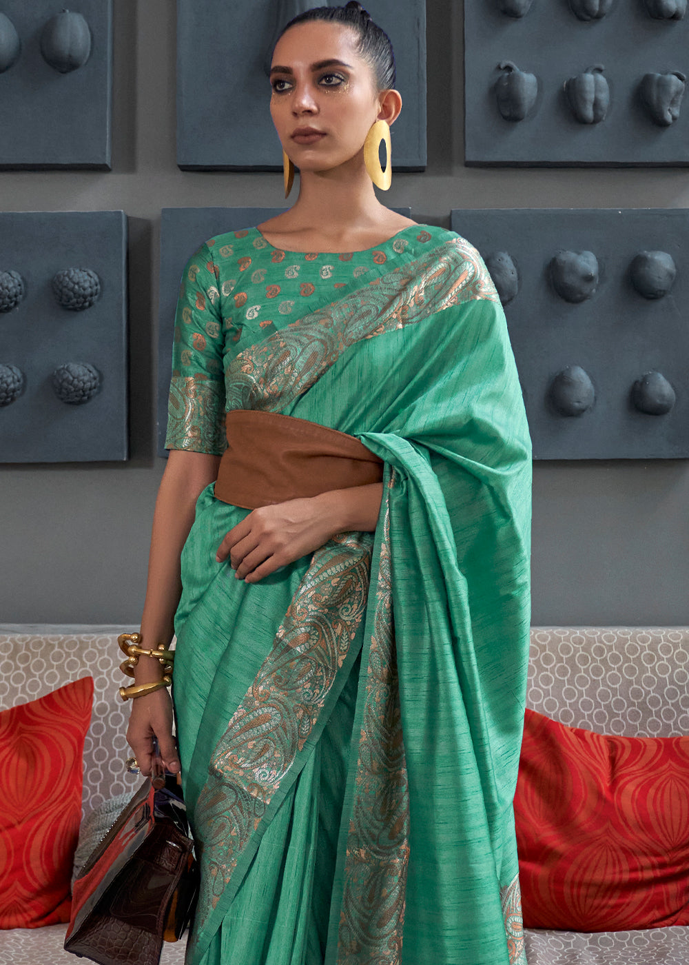 SEAFOAM GREEN COPPER ZARI WOVEN HANDLOOM COTTON SILK SAREE