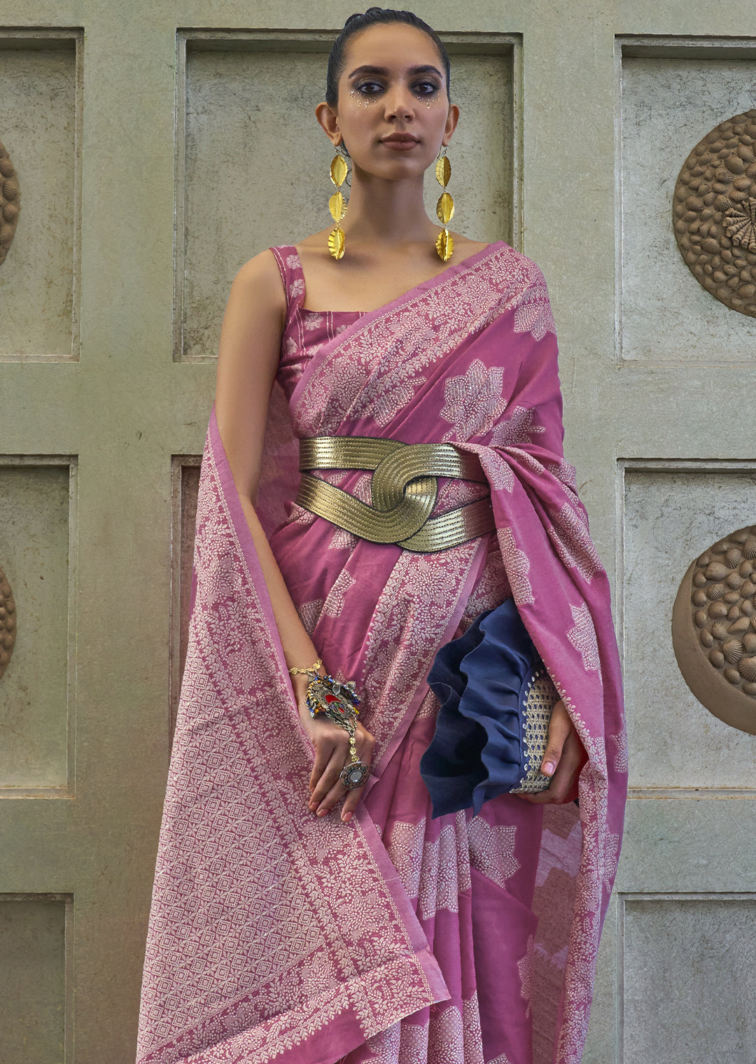 MYSTIC PINK WOVEN PURE CHIKANKARI LUCKNOWI COTTON SAREE