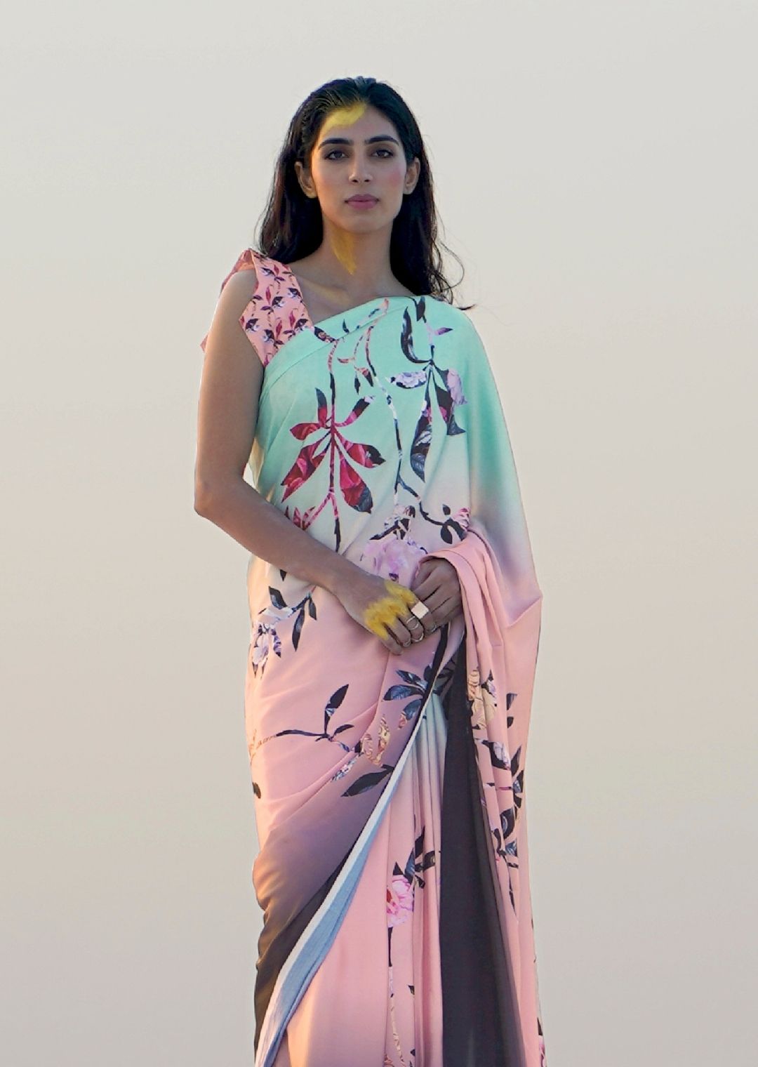 Pista Green & Peach Digital Printed Satin Crepe Saree