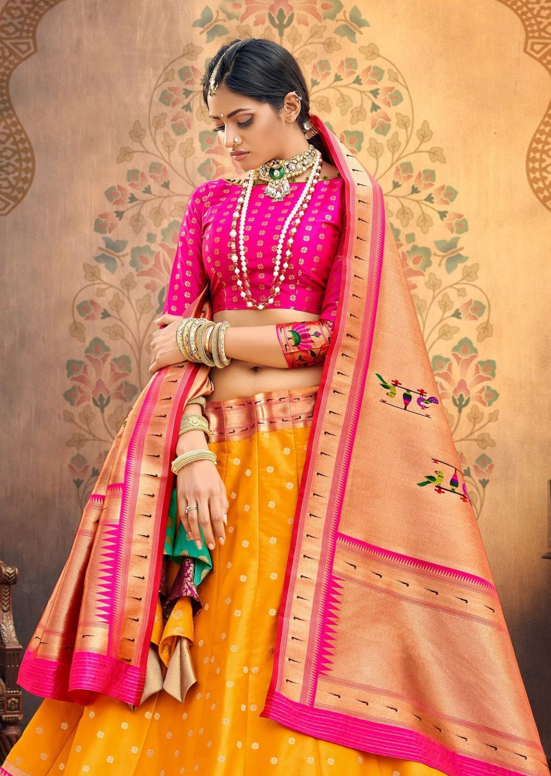 Mustard Yellow Woven Paithani Silk Lehenga