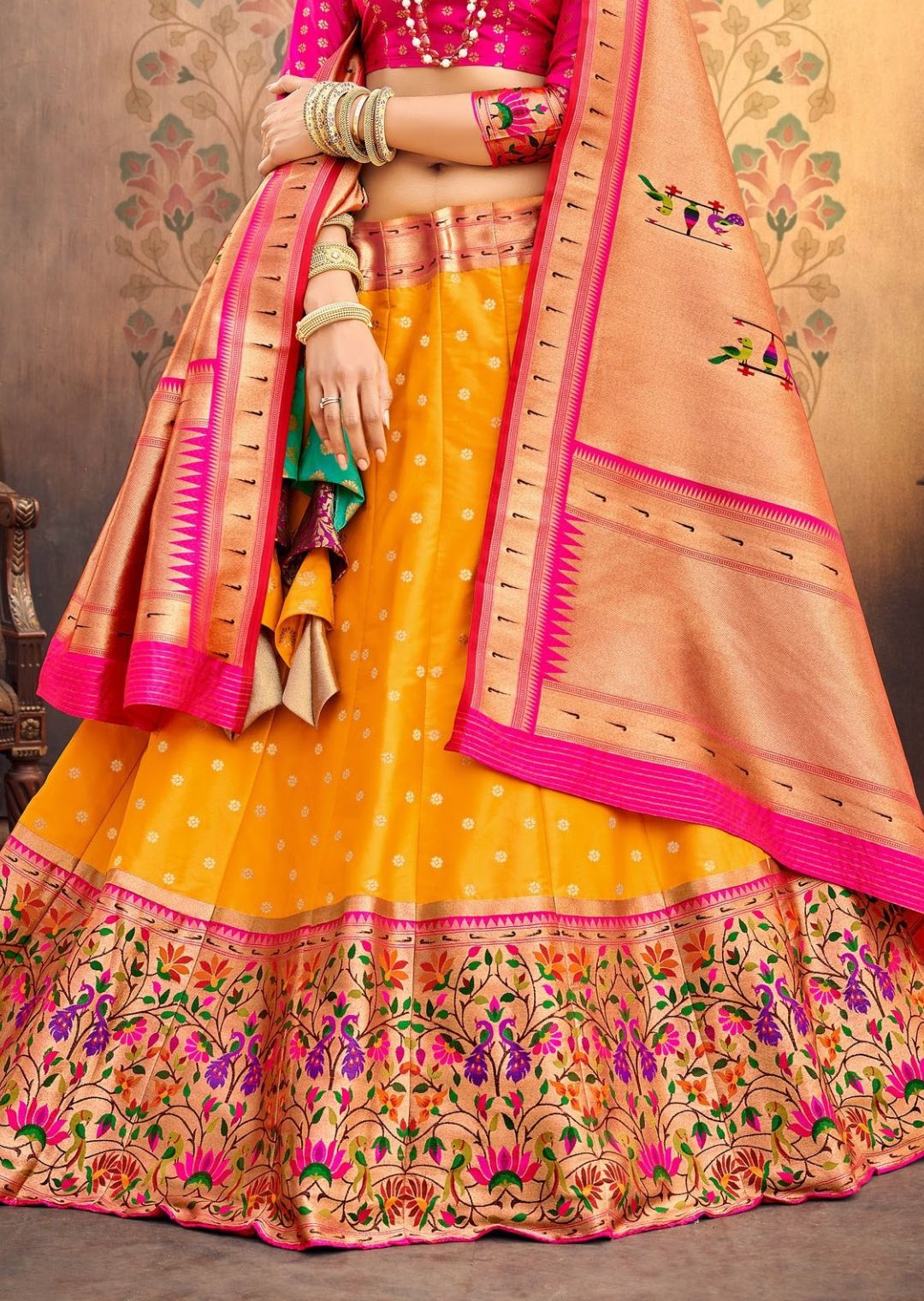 Mustard Yellow Woven Paithani Silk Lehenga