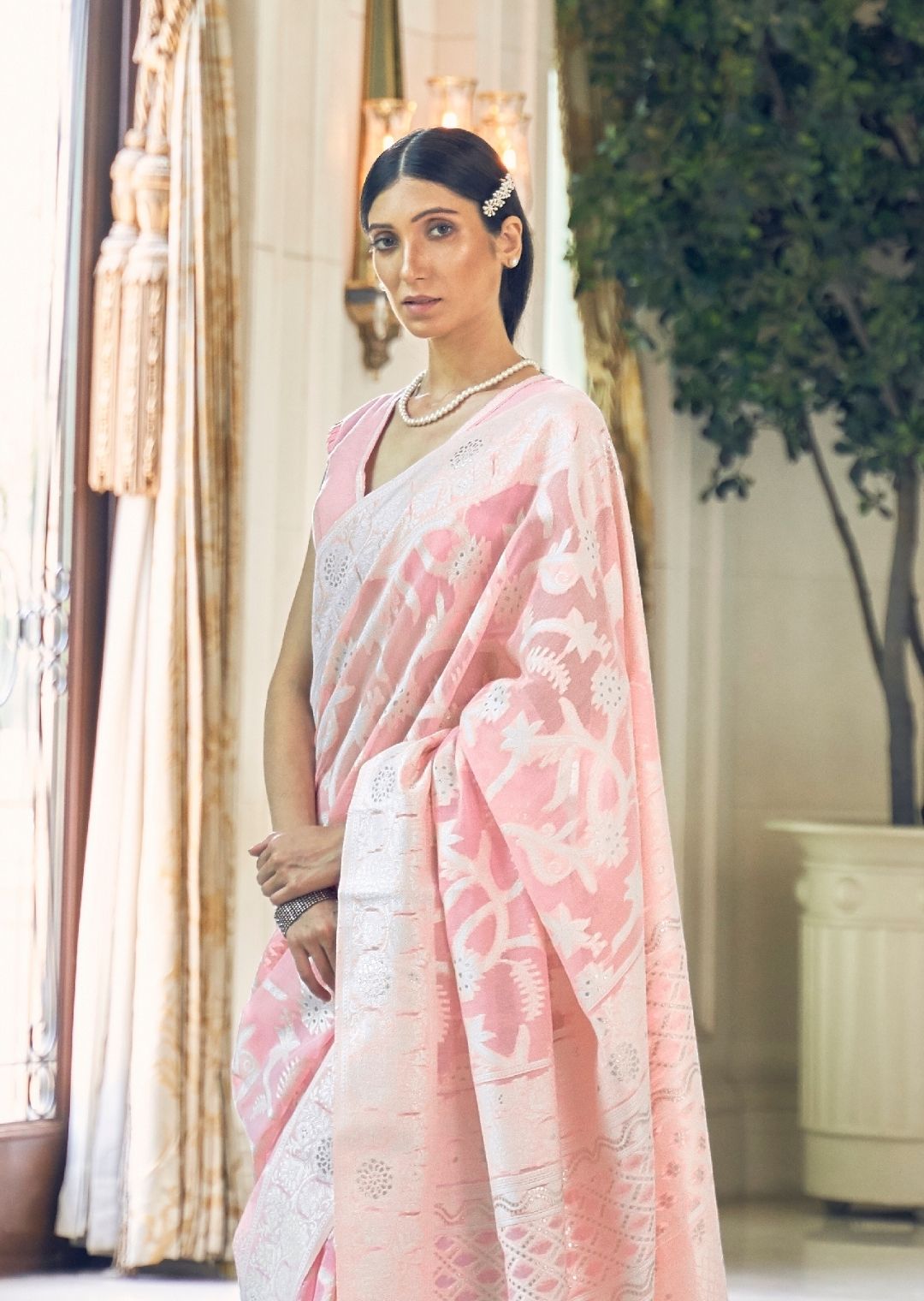 Baby Pink Hand Woven Lucknowi Cotton Saree