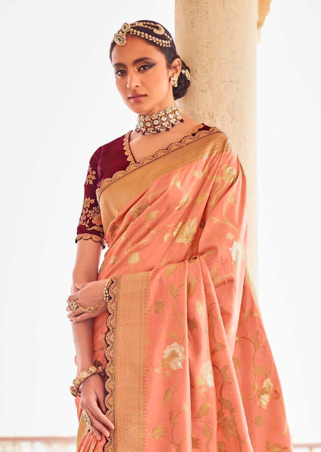 Salmon Orange Woven Exclusive Designer Banarasi Silk Saree With Embroidered Silk Blouse