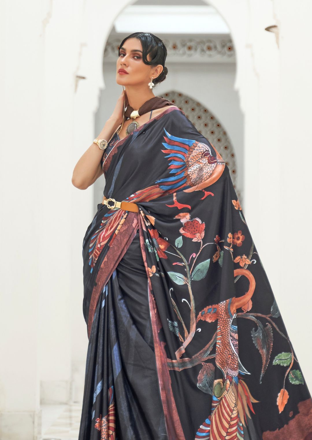 Black Kalamkari Printed Pure Crepe Silk Saree