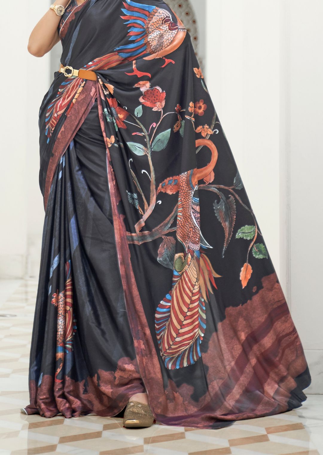 Black Kalamkari Printed Pure Crepe Silk Saree