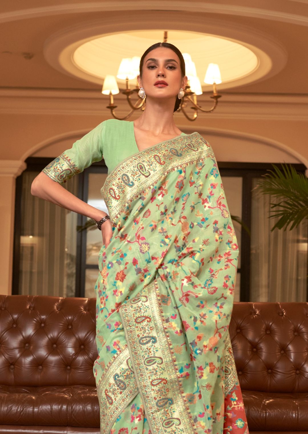 Tea Green Woven Pure Handloom Kashmiri Jamewar Silk Saree