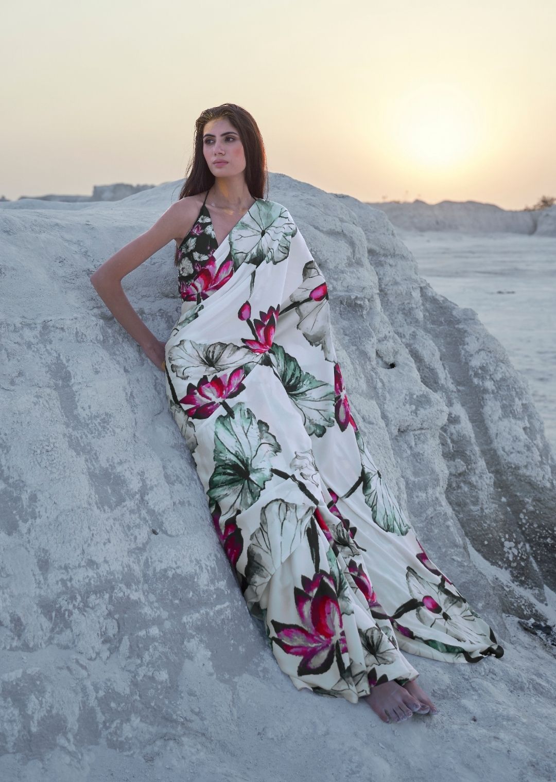 White & Pink Digital Printed Satin Crepe Saree