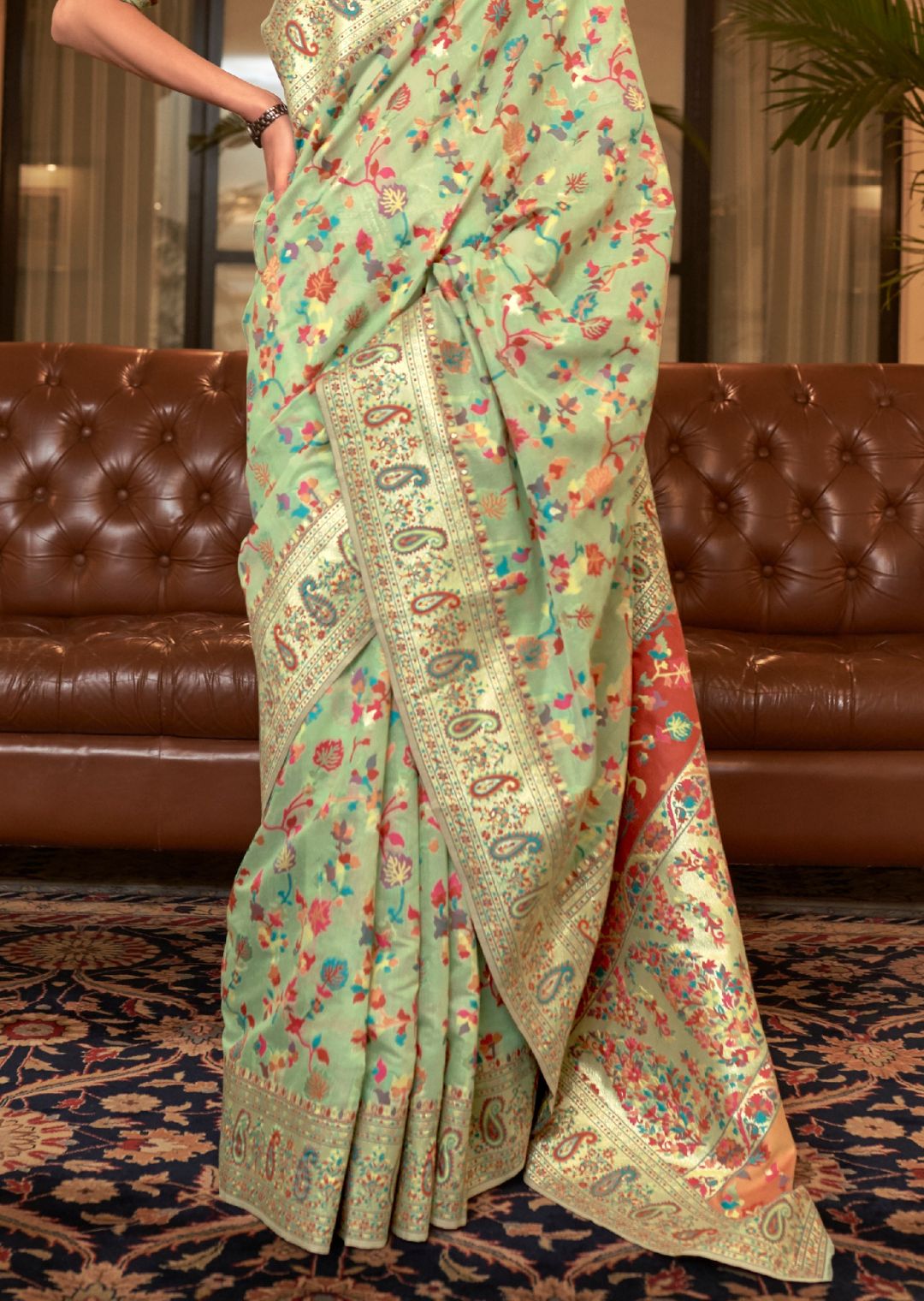 Tea Green Woven Pure Handloom Kashmiri Jamewar Silk Saree