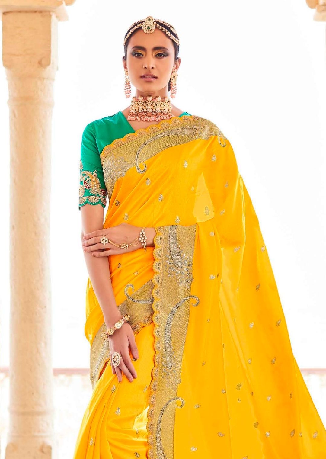 Yellow Woven Exclusive Designer Banarasi Silk Saree With Embroidered Silk Blouse