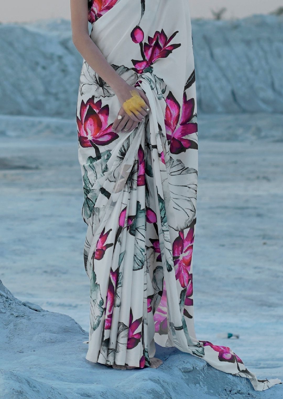 White & Pink Digital Printed Satin Crepe Saree