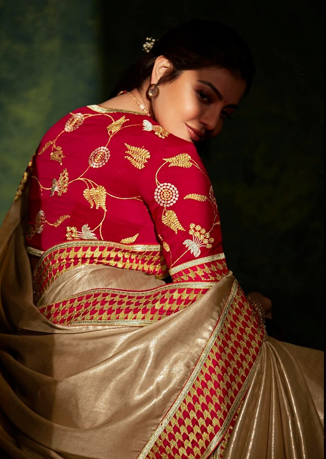 Golden Beige Woven Celebrities Exclusive Designer Saree with Embroidered Silk Blouse