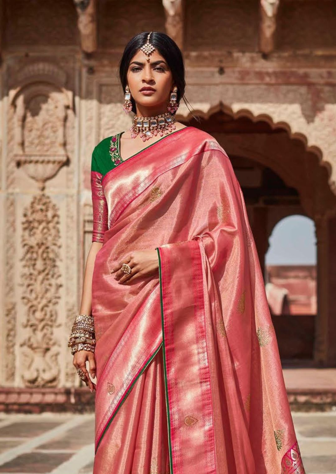 Blush Pink Woven Traditional Banarasi Silk Saree –
