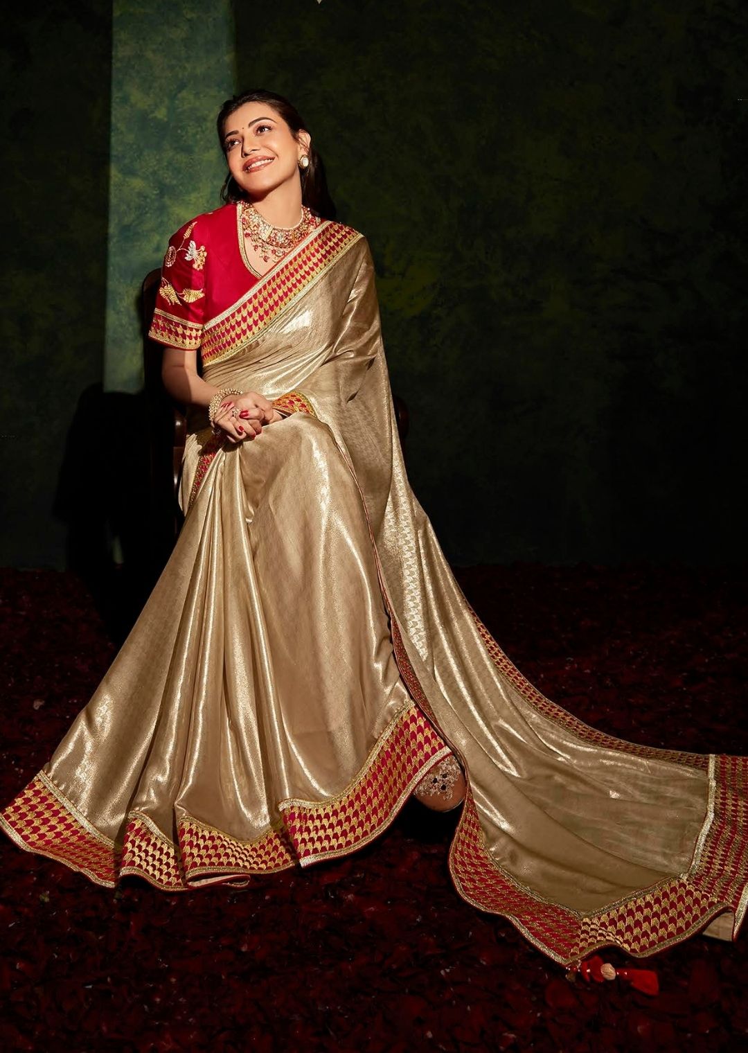 Golden Beige Woven Celebrities Exclusive Designer Saree with Embroidered Silk Blouse