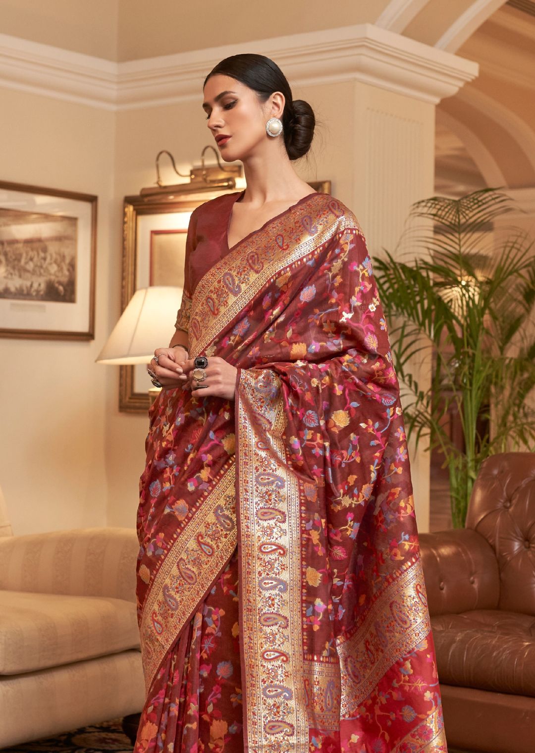 Brick Red Woven Pure Handloom Kashmiri Jamewar Silk Saree