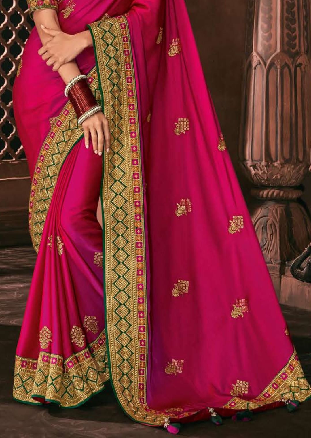 Ruby Pink & Green Woven Celebrities Designer Saree with Embroidered Silk Blouse