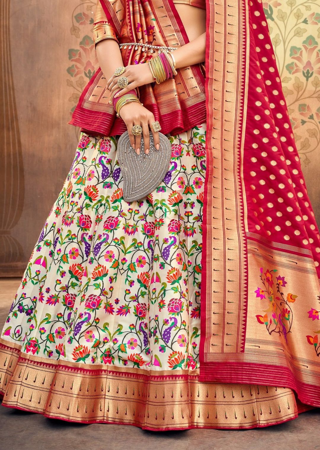 White Woven Paithani Silk Lehenga