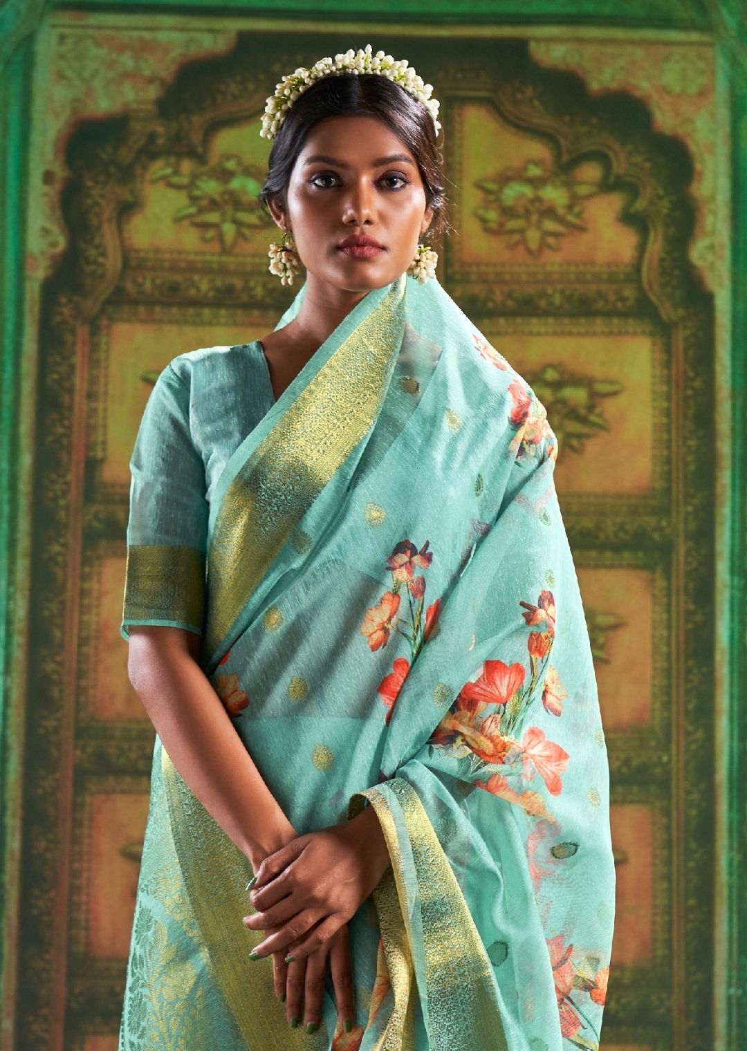 Light Aqua Blue Zari Woven Pure Handloom Digital Linen Saree