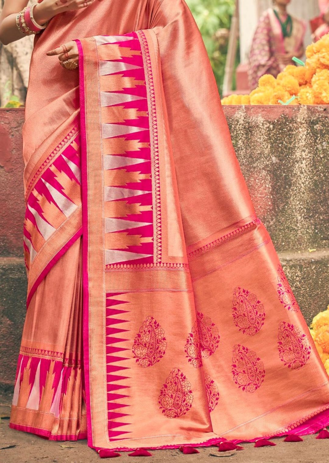 Golden Ruby Pink Woven Kanjivaram Silk Saree