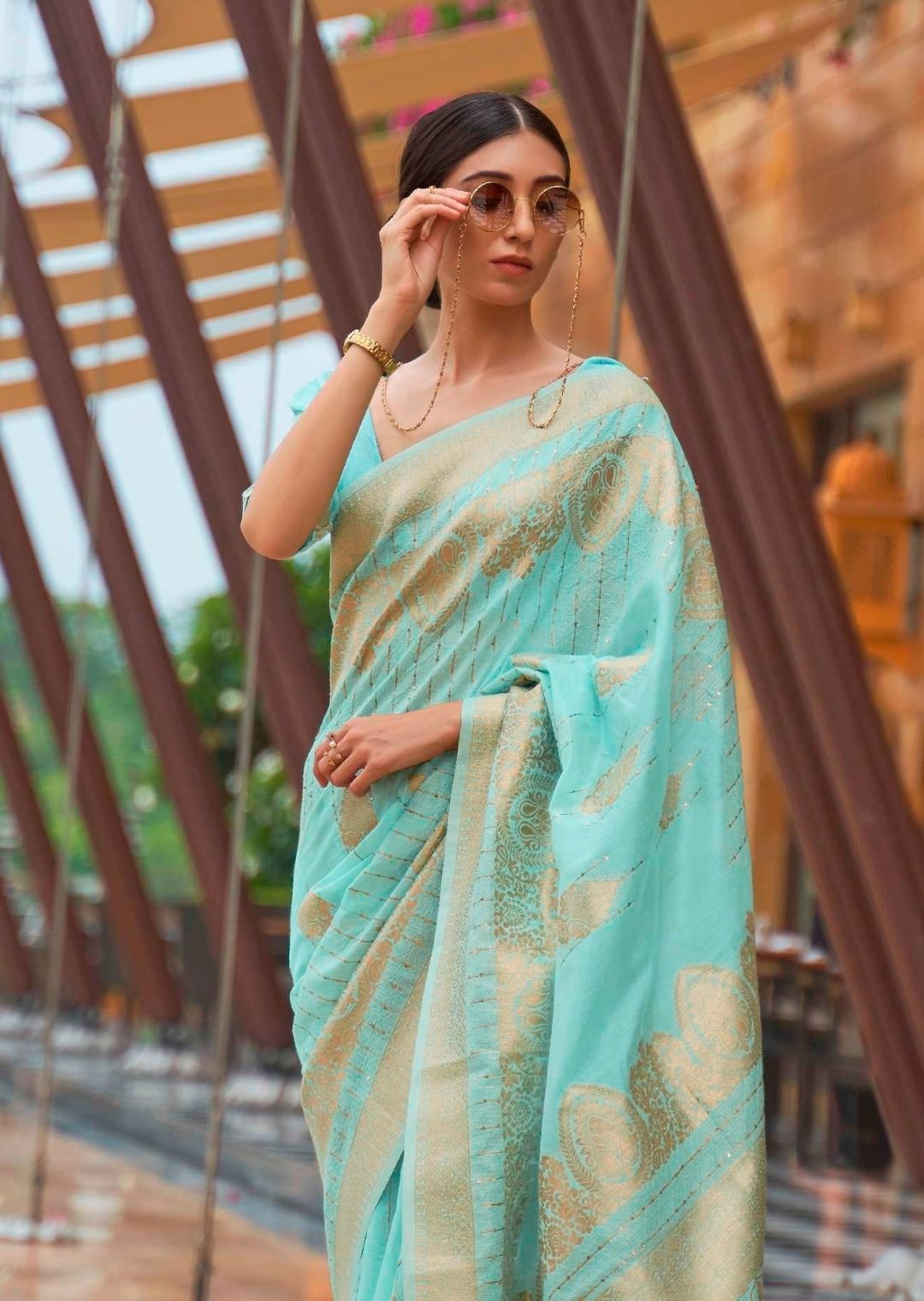 Light Aqua Blue Zari Woven Pure Handloom Linen Saree