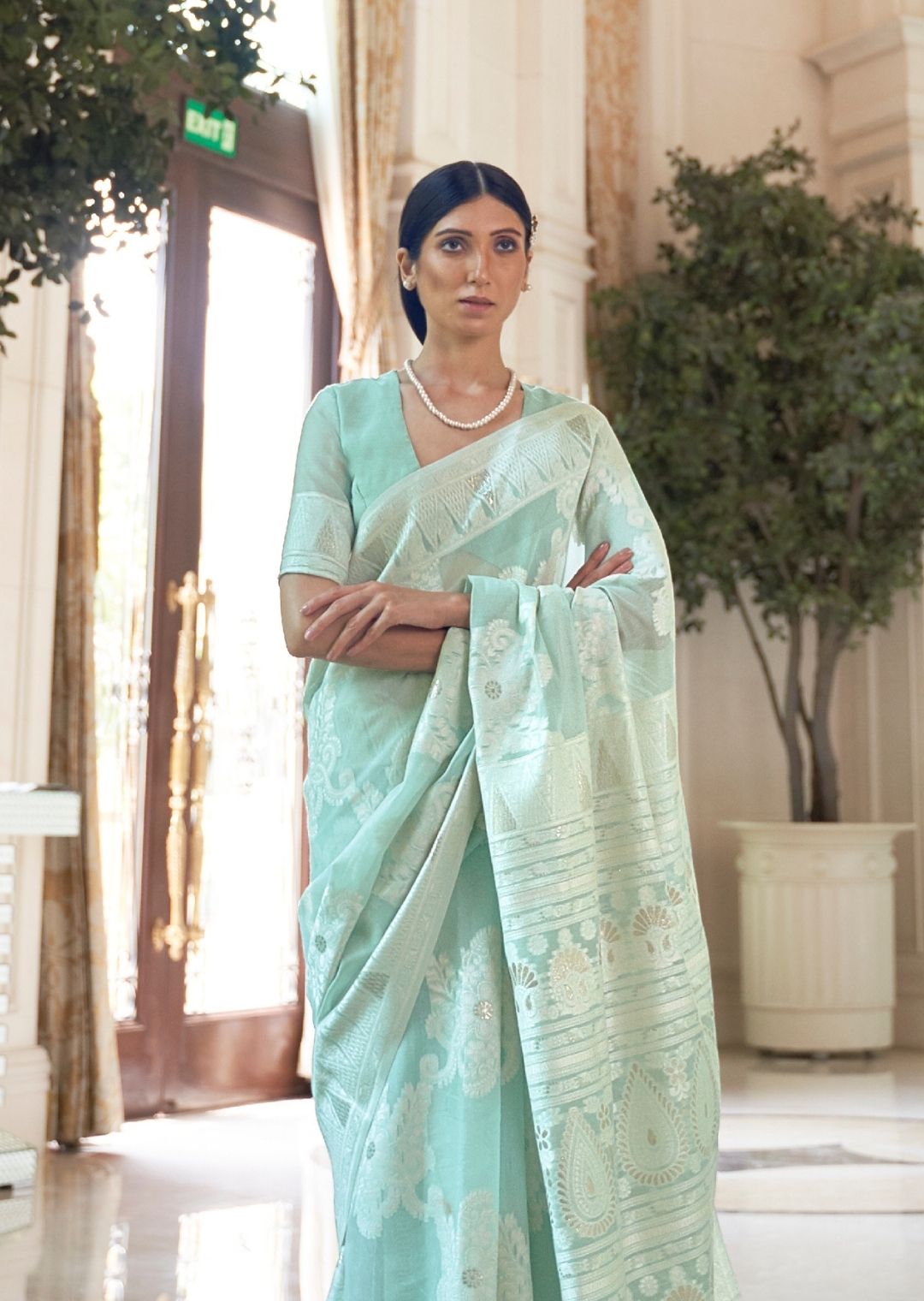 Light Turquoise Blue Hand Woven Lucknowi Cotton Saree