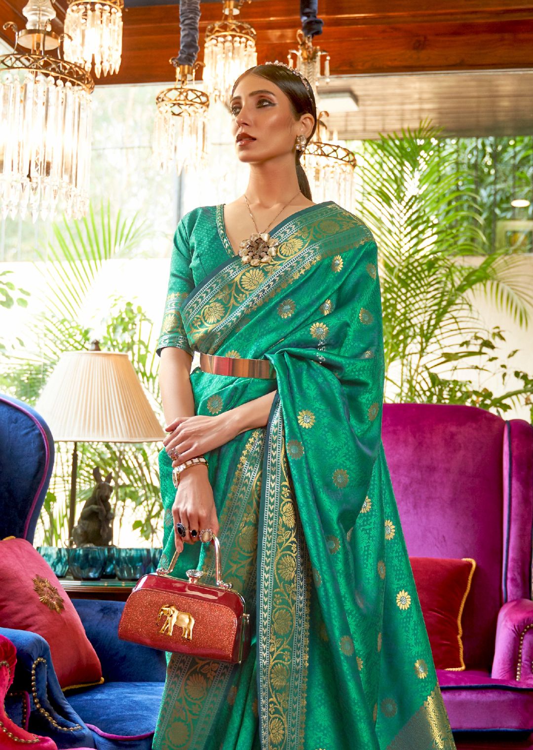 Jade Green Woven Handloom Zari Silk Saree