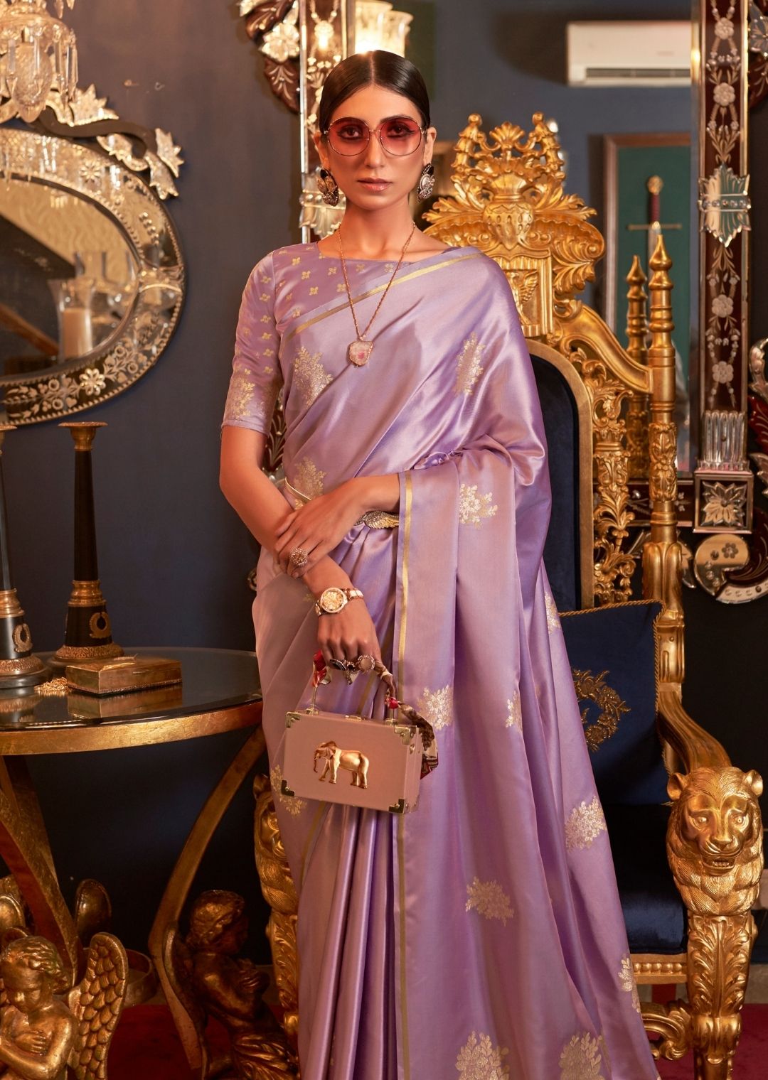 Thistle Purple Woven Pure Satin Silk Saree