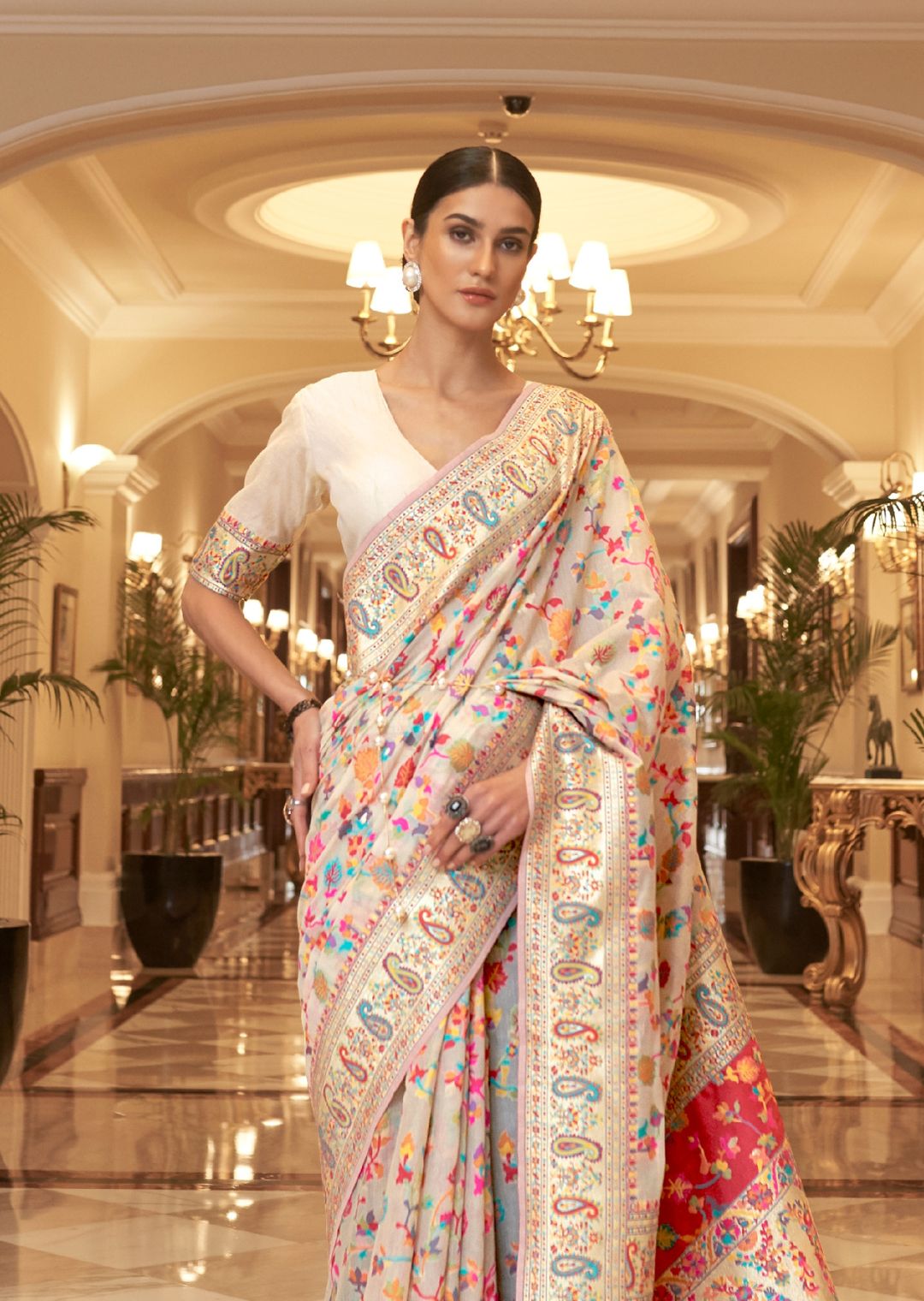 Pearl White Woven Pure Handloom Kashmiri Jamewar Silk Saree