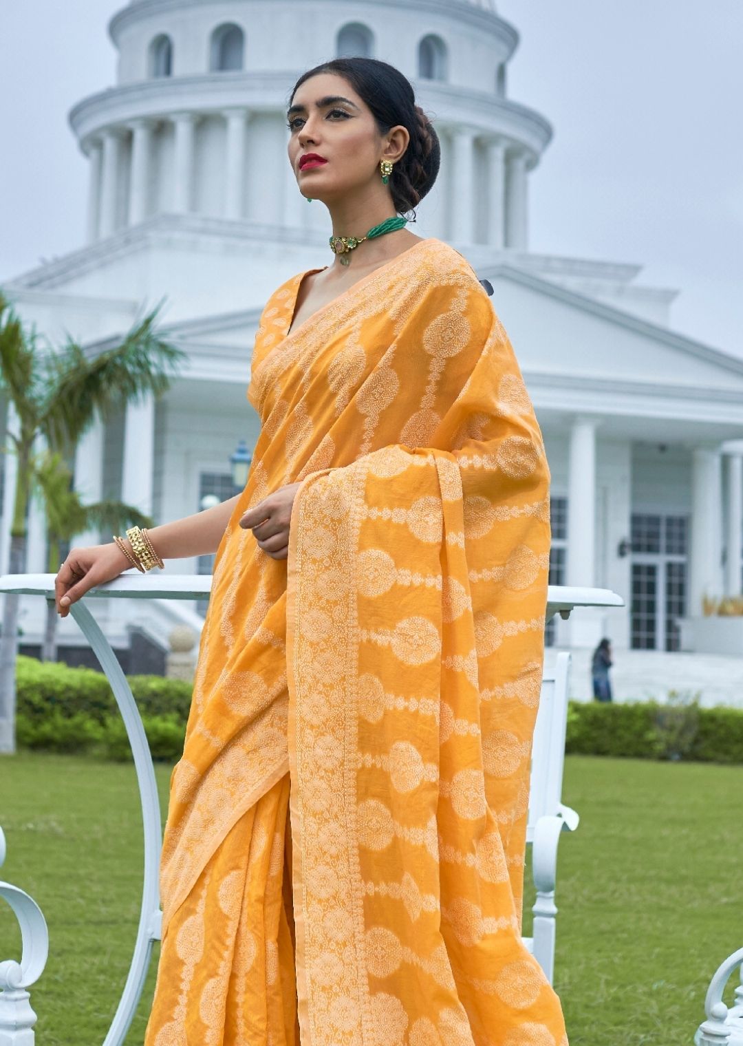 Light Orange Hand Woven Lucknowi Cotton Saree