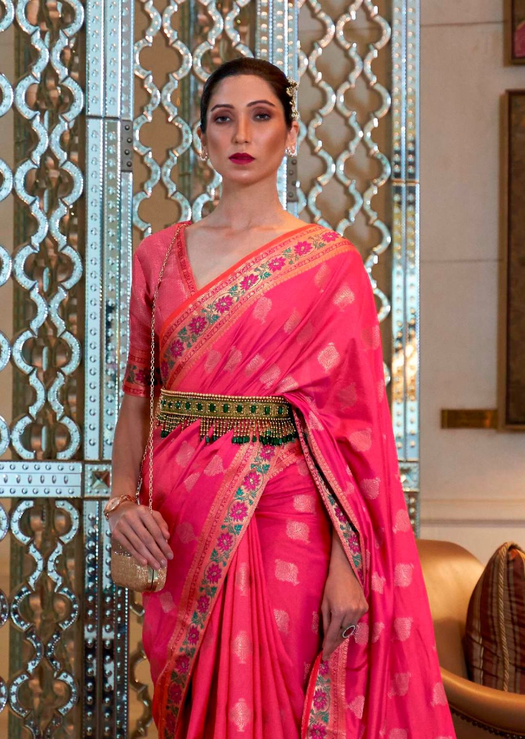 Raspberry Pink Woven Handloom Zari Silk Saree