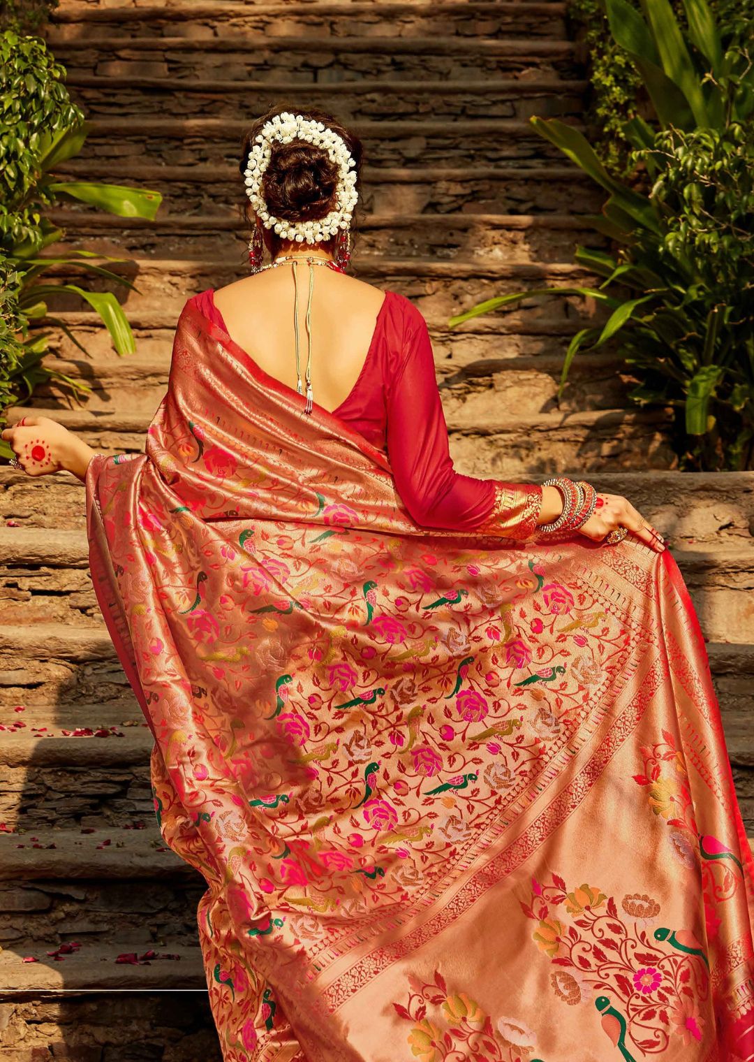 Ruby Red Woven Brocade Paithani Silk Saree