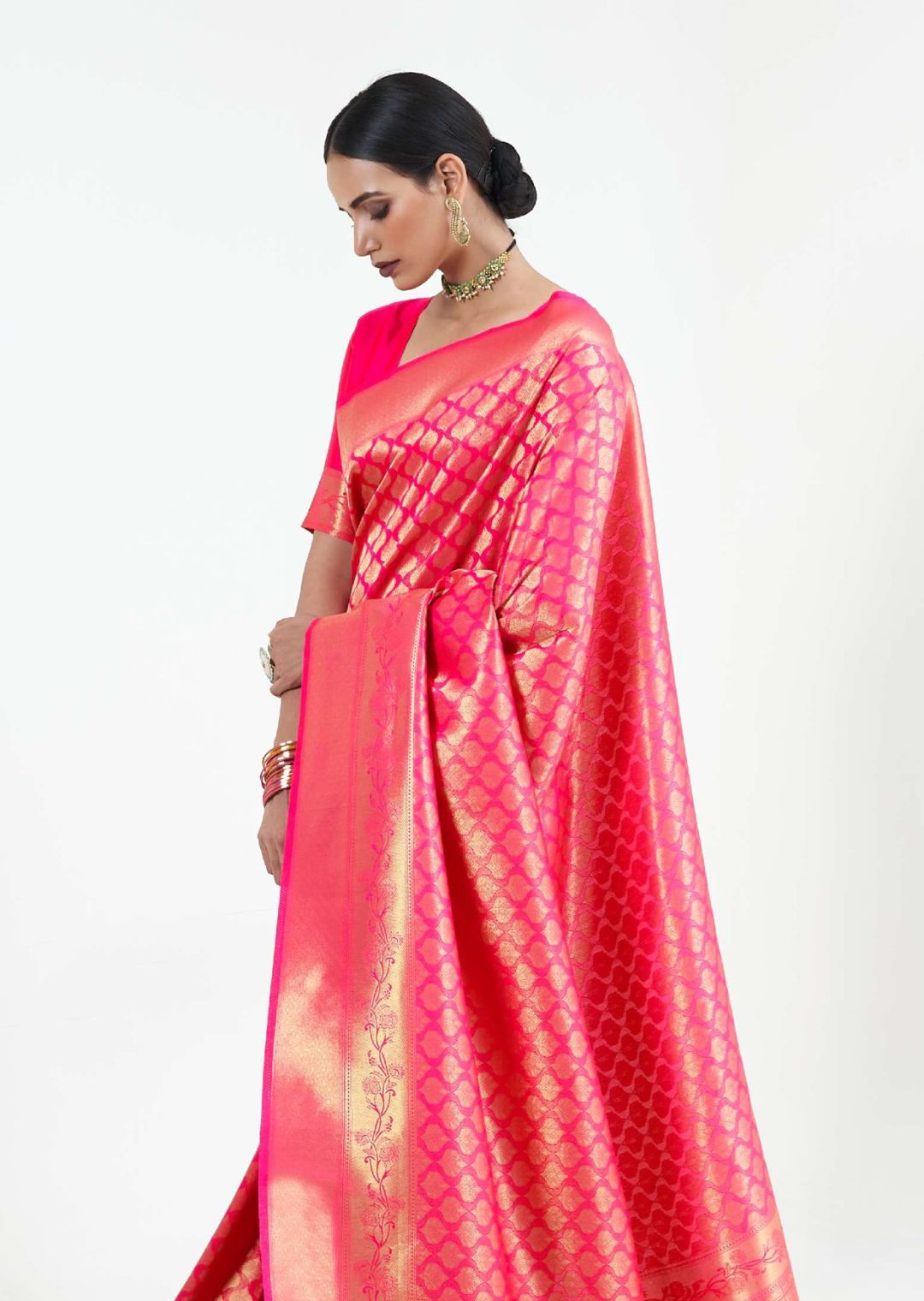 Ruby Pink Hand Woven Kanjivaram Silk Saree