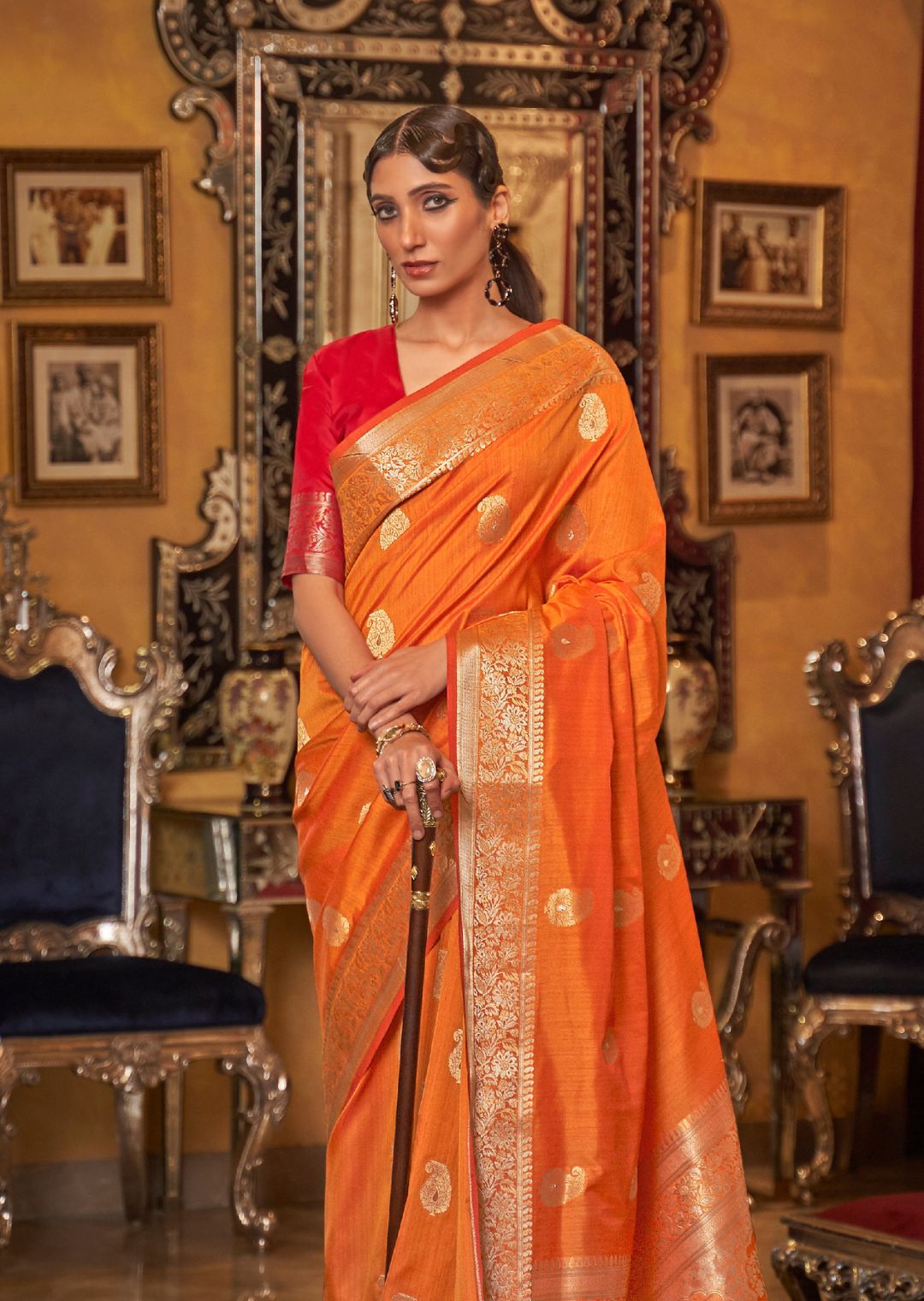 Orange Zari Woven Pure Handloom Tessar Silk Saree