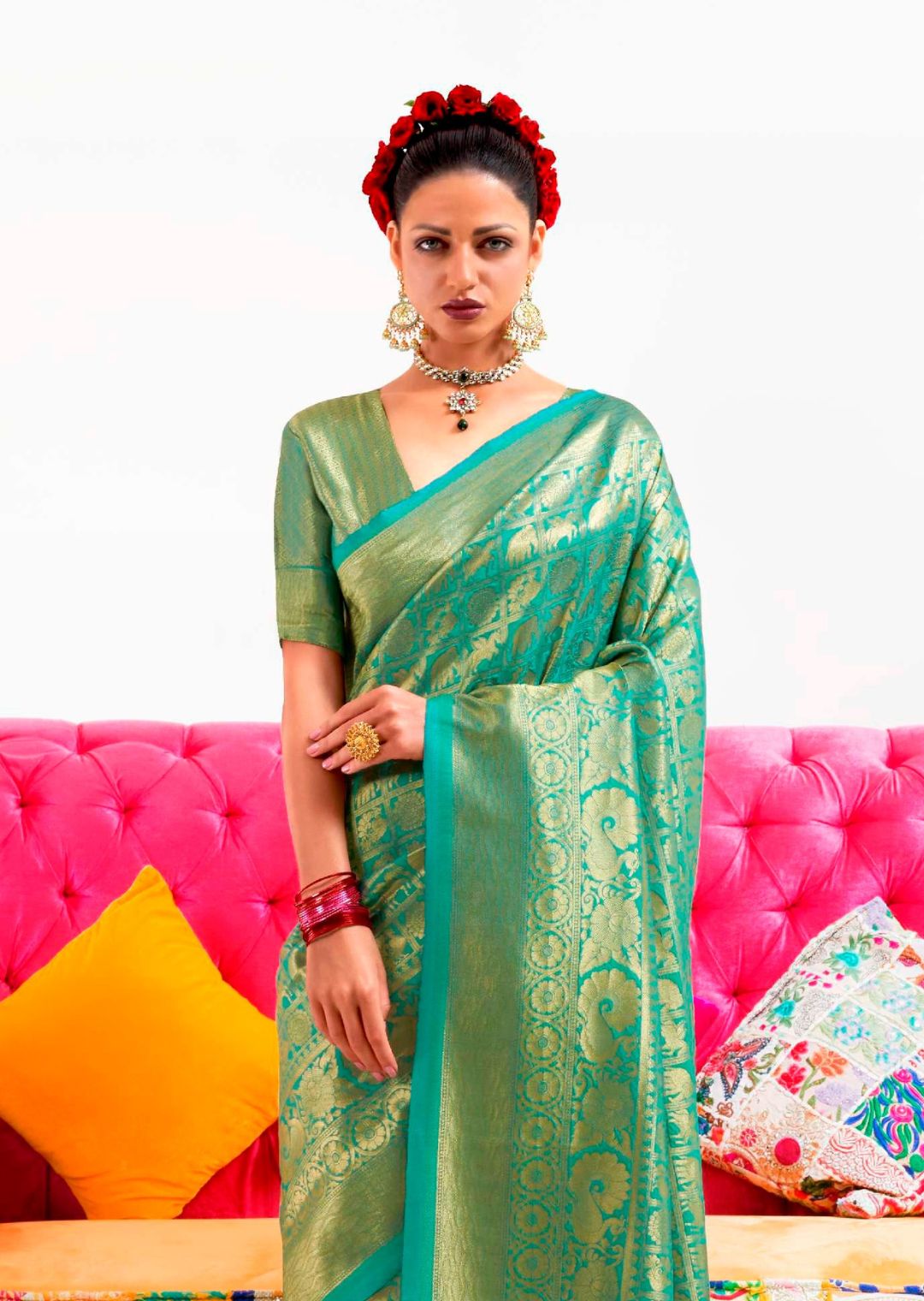 Turquoise Green Hand Woven Kanjivaram Silk Saree