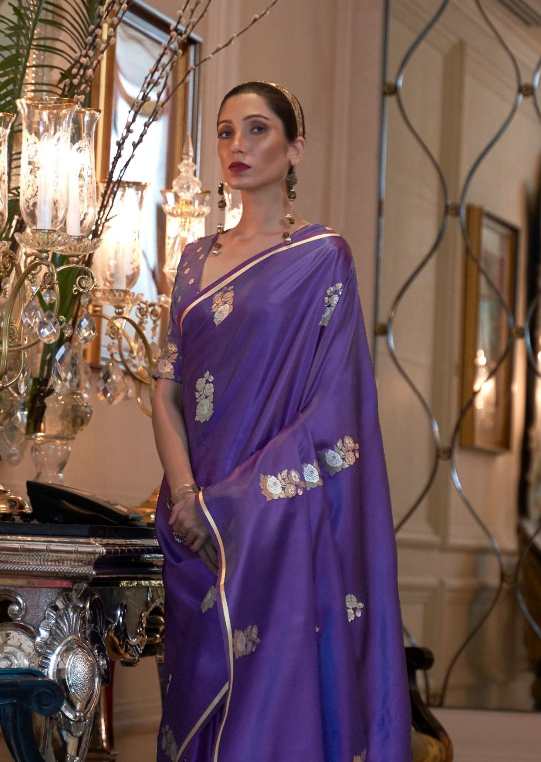 Purple Woven Pure Satin Silk Saree