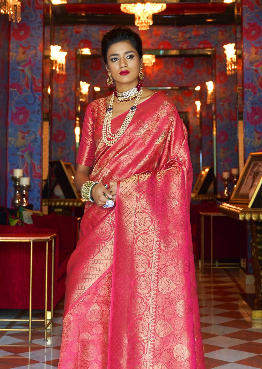 Crimson Pink Hand Woven Kanjivaram Silk Saree