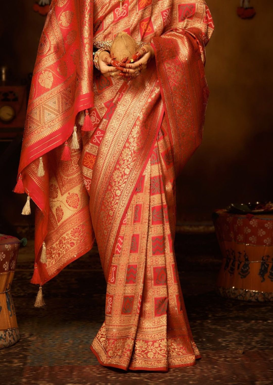 Red Zari Woven Traditional Bandhani Silk Saree