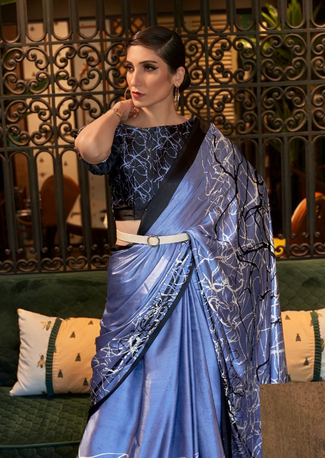 Wedgewood Blue Digital Printed Satin Crepe Silk Saree