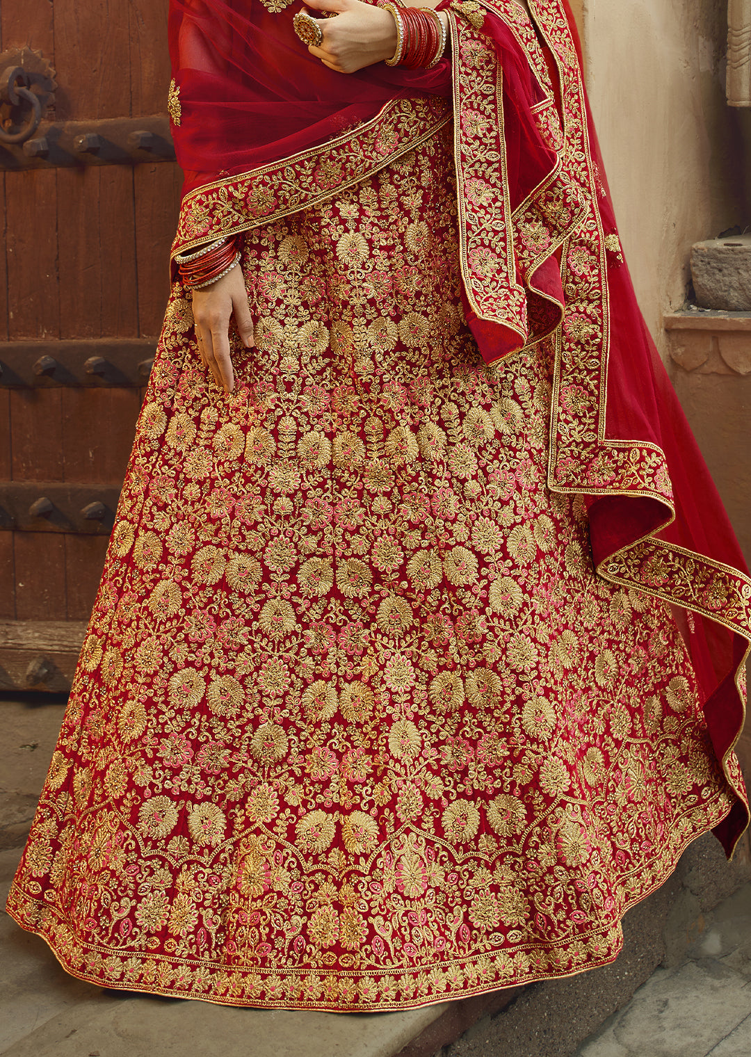 RED HEAVY ZARI EMBROIDERED PREMIUM VELVET DESIGNER BRIDAL LEHENGA