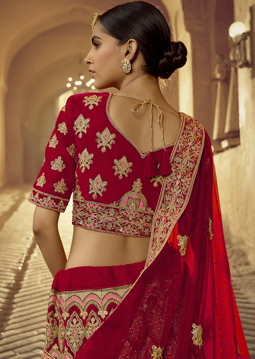 Buy Red Velvet Bridal Wear Multi Thread Work Lehenga Choli Online From  Wholesale Salwar.