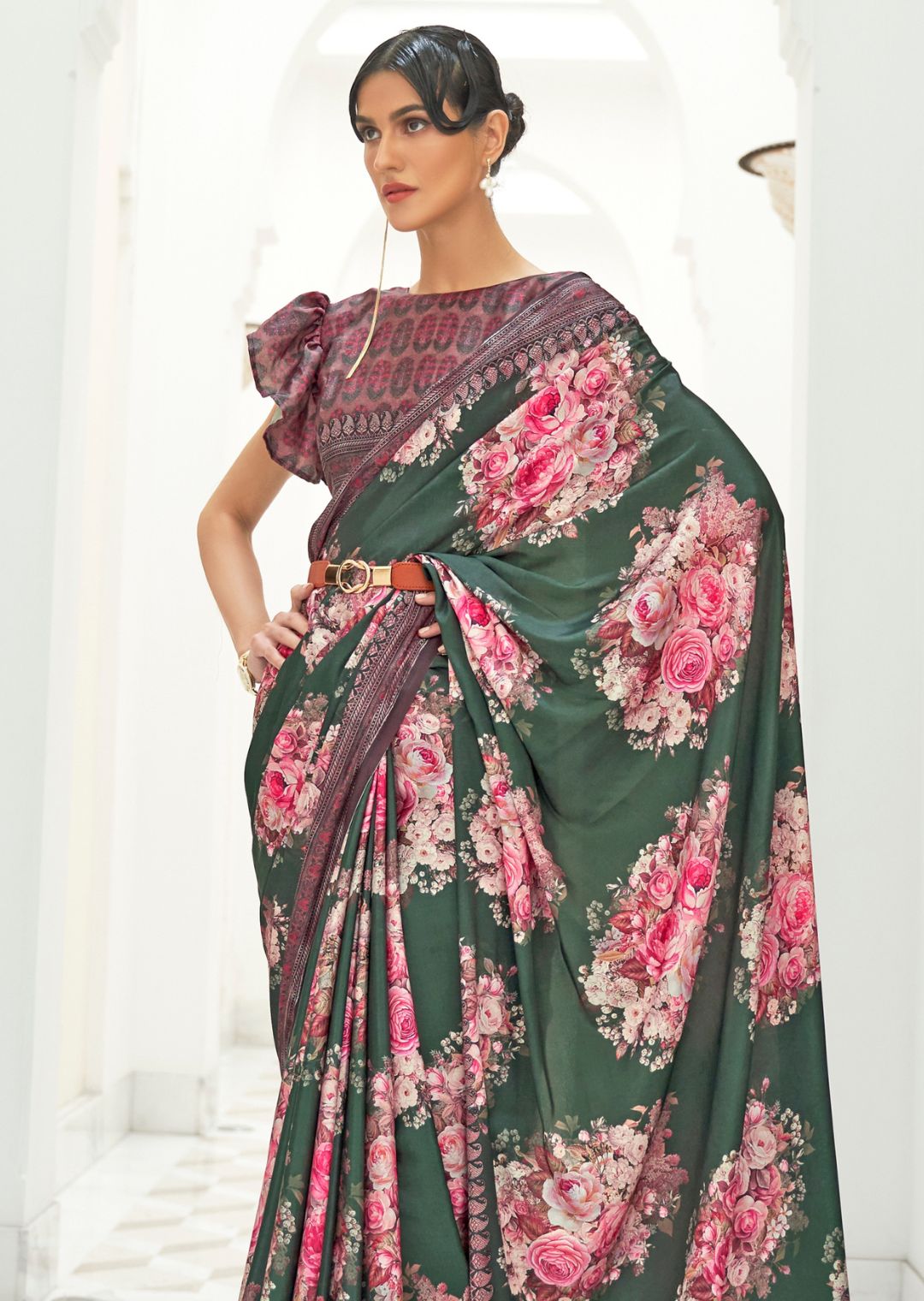 Rama Green Kalamkari Printed Pure Crepe Silk Saree