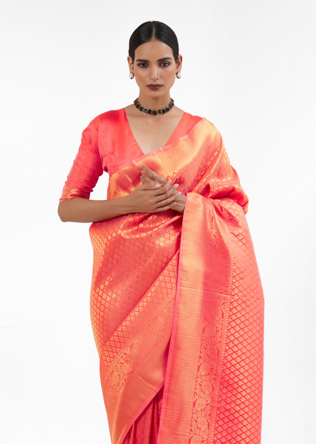 Coral Orange Hand Woven Kanjivaram Silk Saree