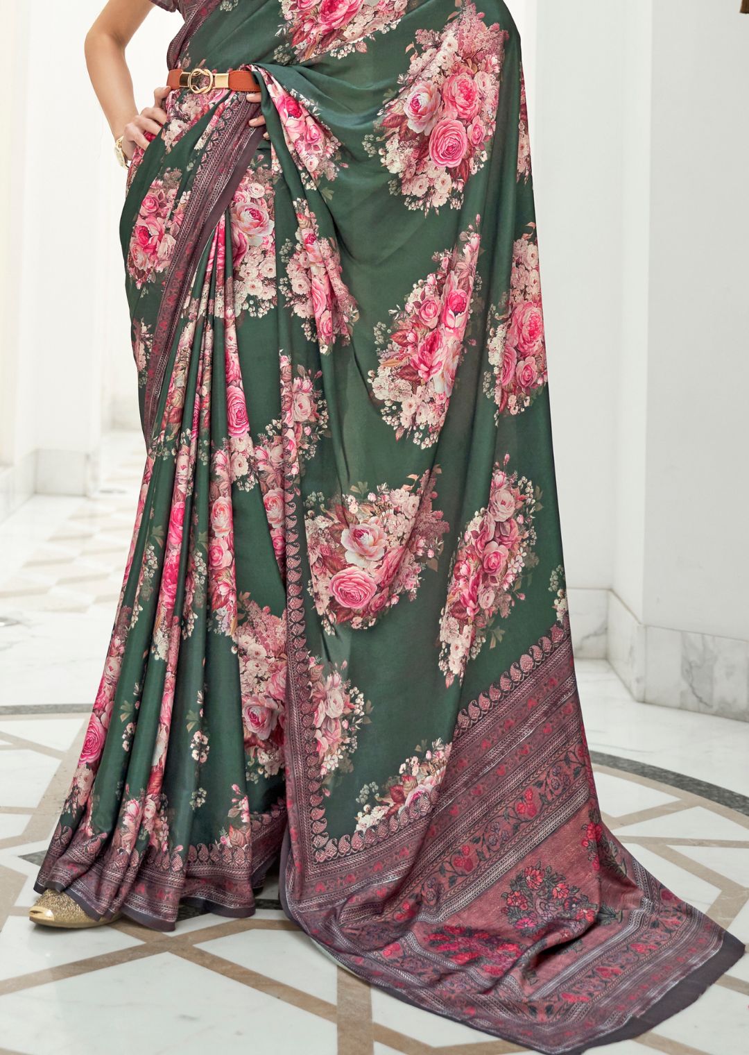 Rama Green Kalamkari Printed Pure Crepe Silk Saree