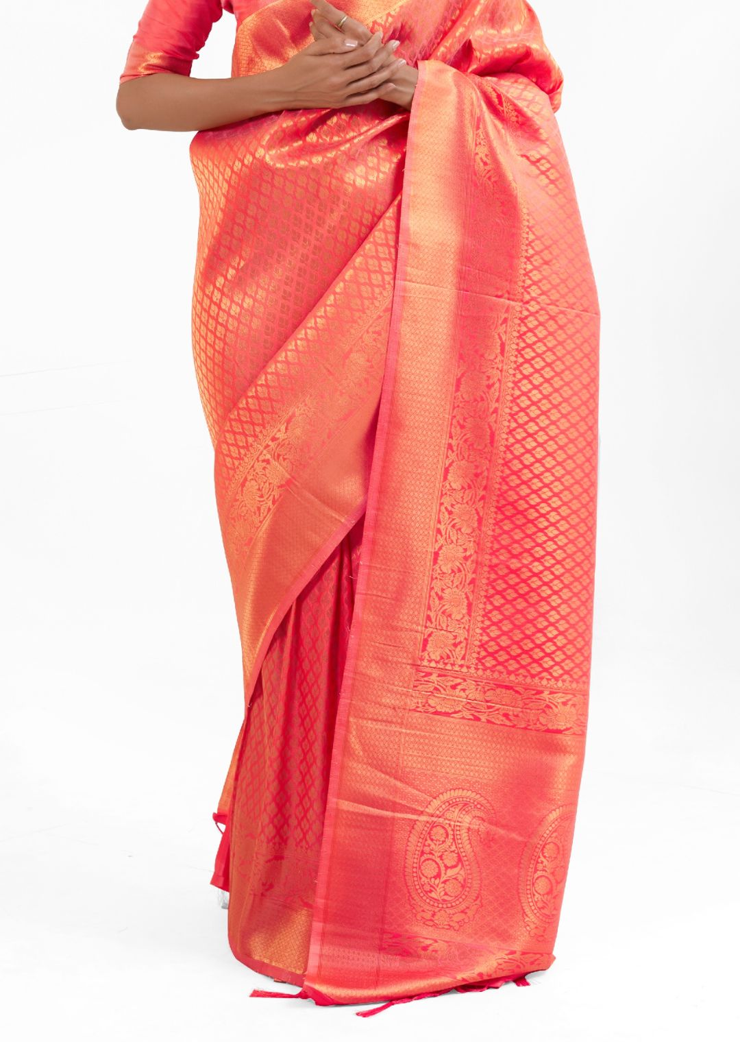 Coral Orange Hand Woven Kanjivaram Silk Saree