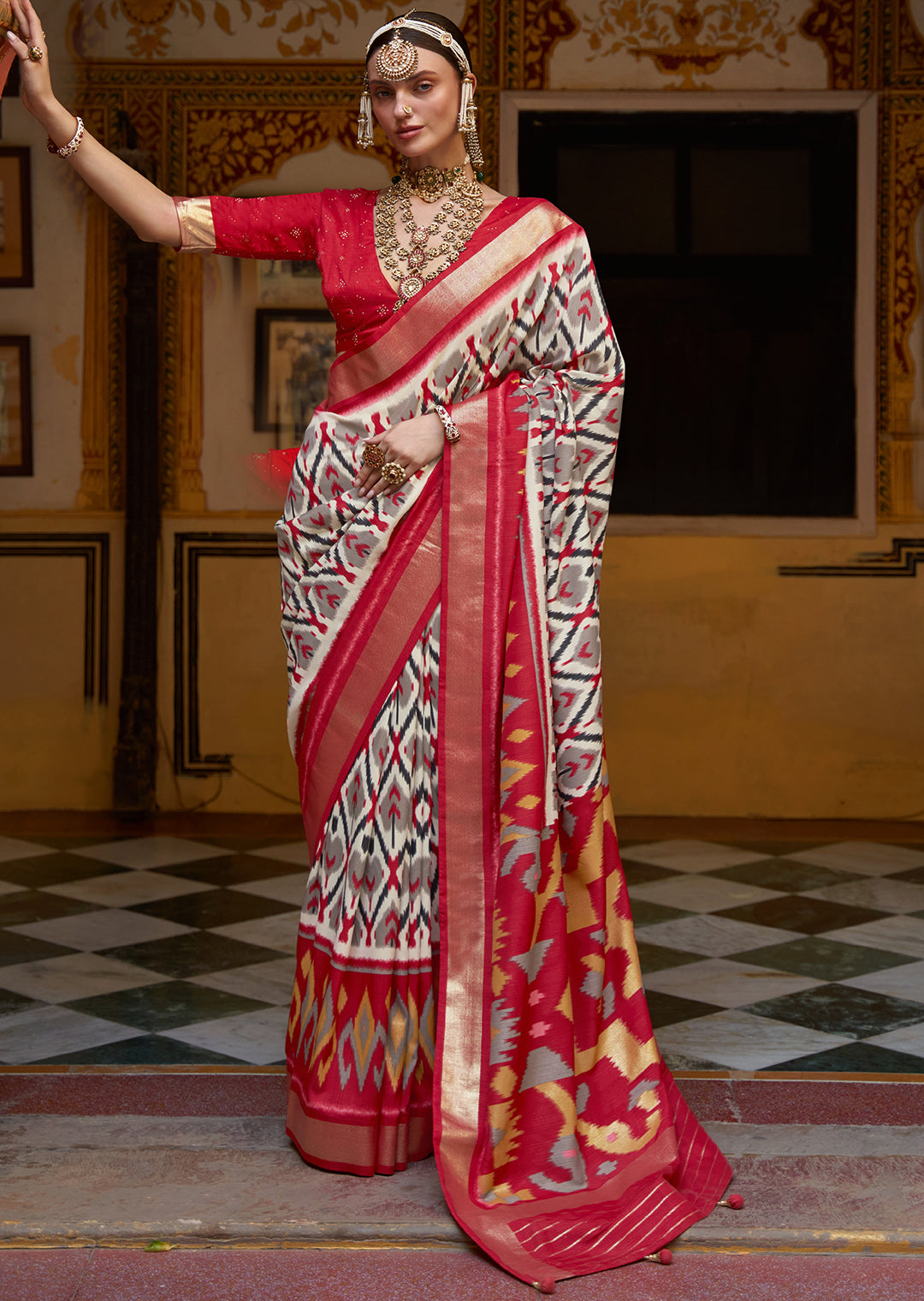 New Modern Soft Silk Sarees White with Red Border