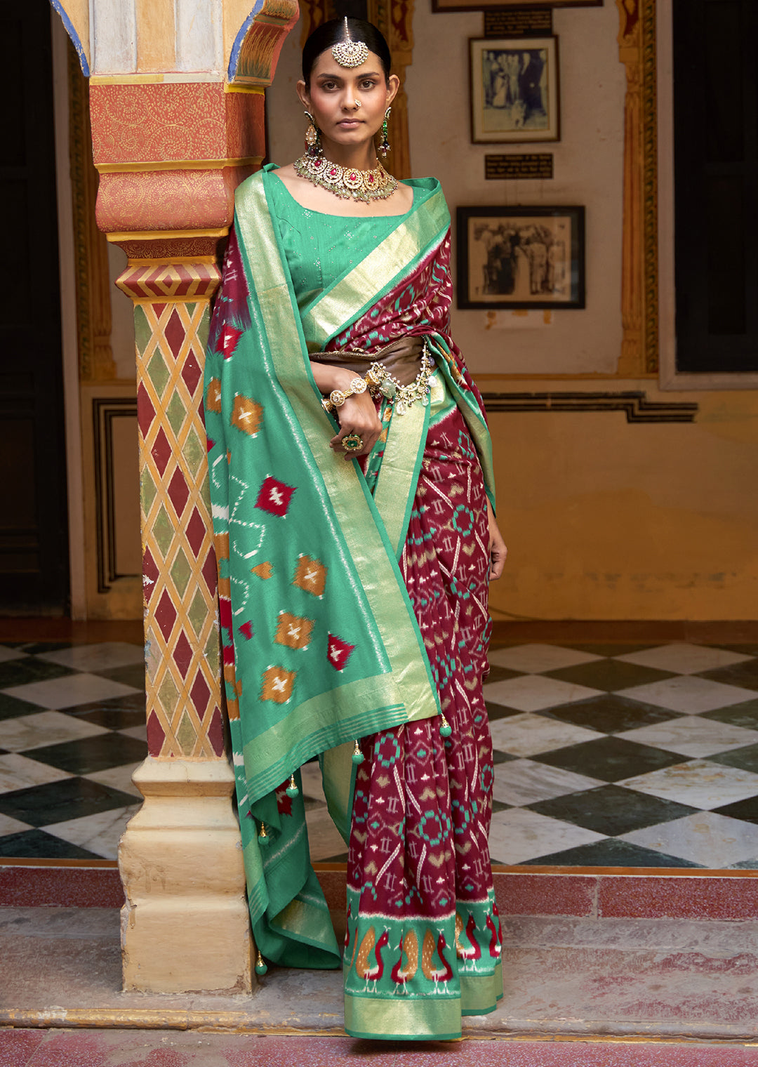 BURGUNDY RED WOVEN PATOLA SILK SAREE