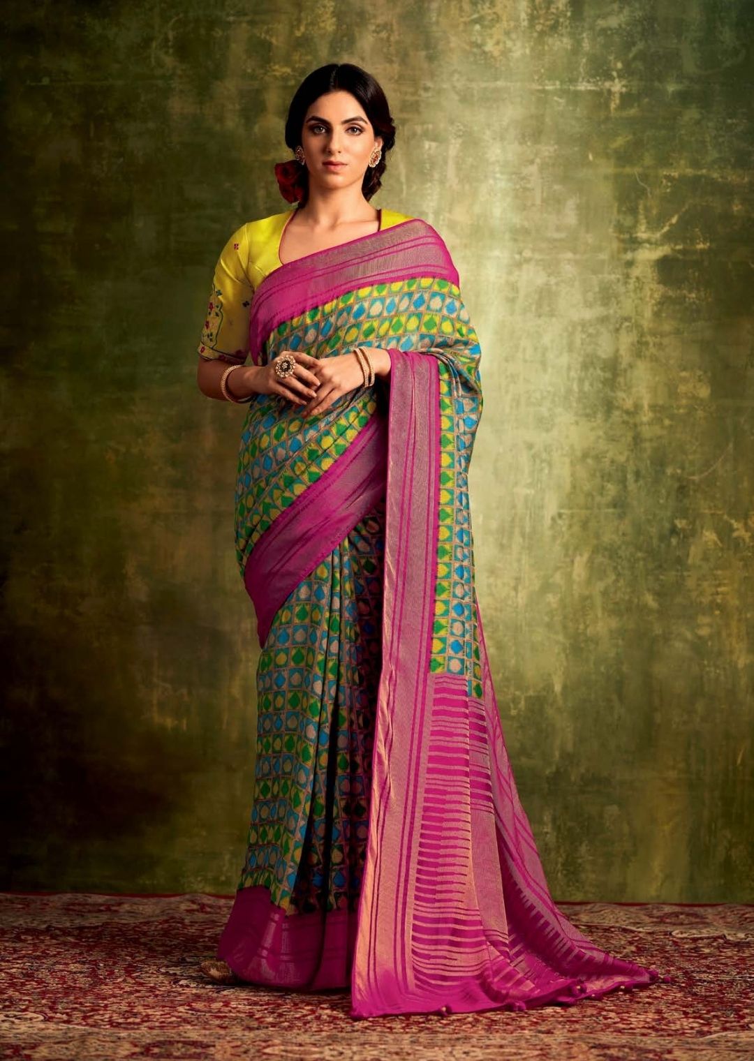 Green & Pink Pure Braso Chiffon Saree With Embroidered Silk Blouse