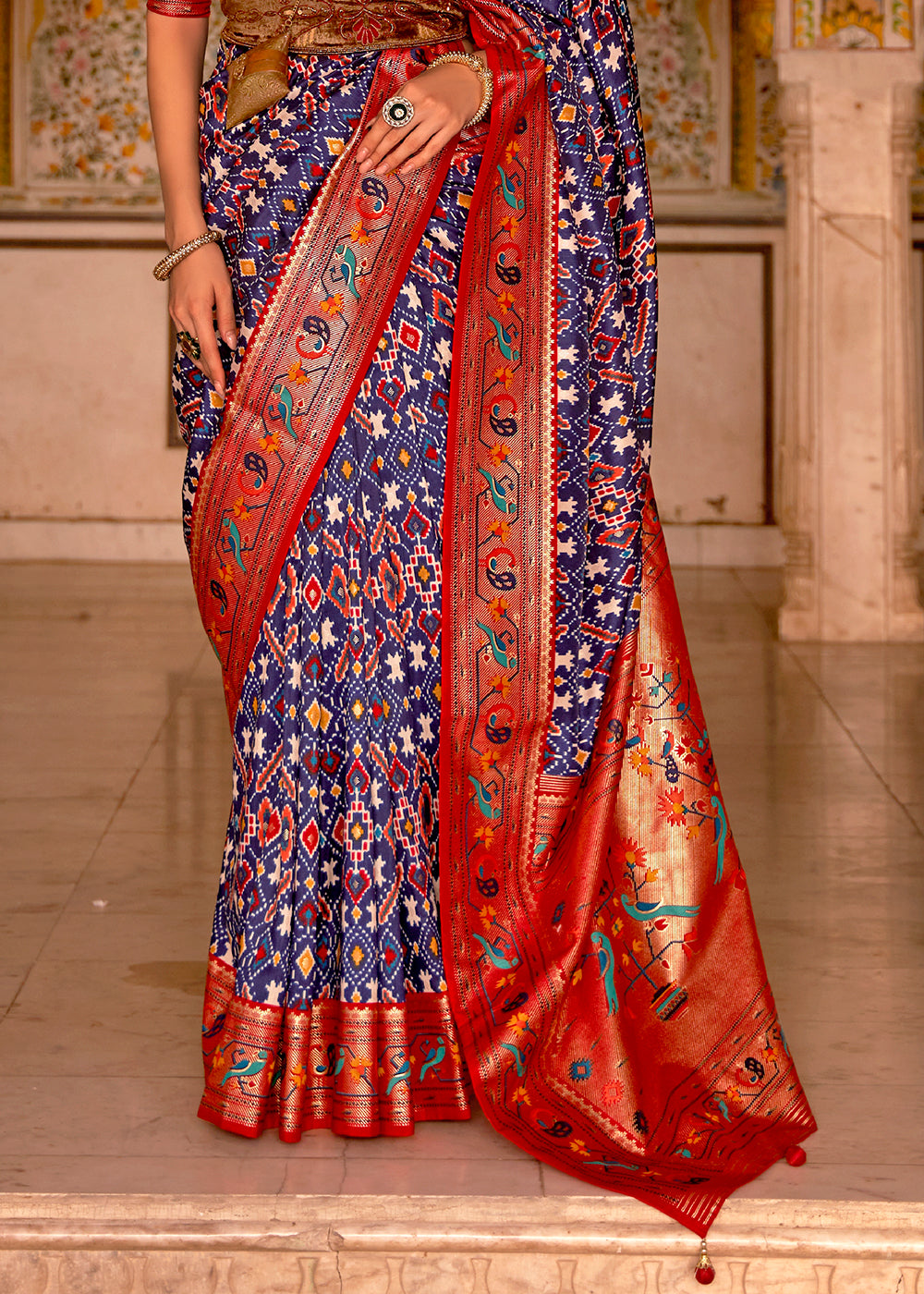 purple-red multicolor pure patola silk with paithani geometric pallu –  Thath Banaras