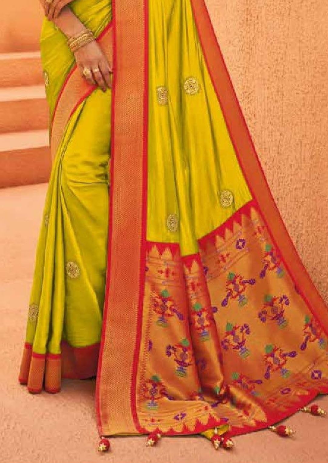 Lime Green Woven Paithani Silk Saree With Red Border
