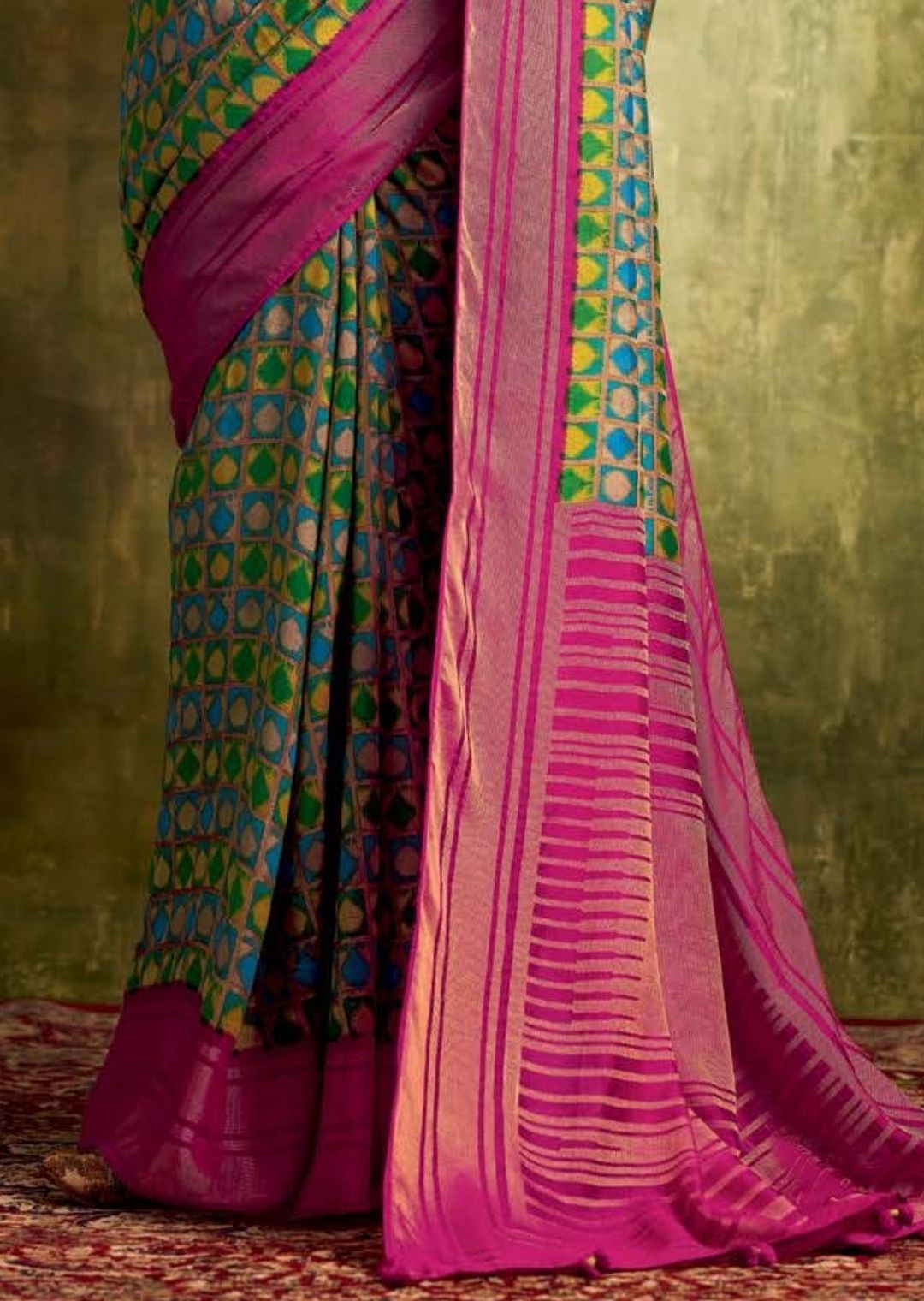 Green & Pink Pure Braso Chiffon Saree With Embroidered Silk Blouse