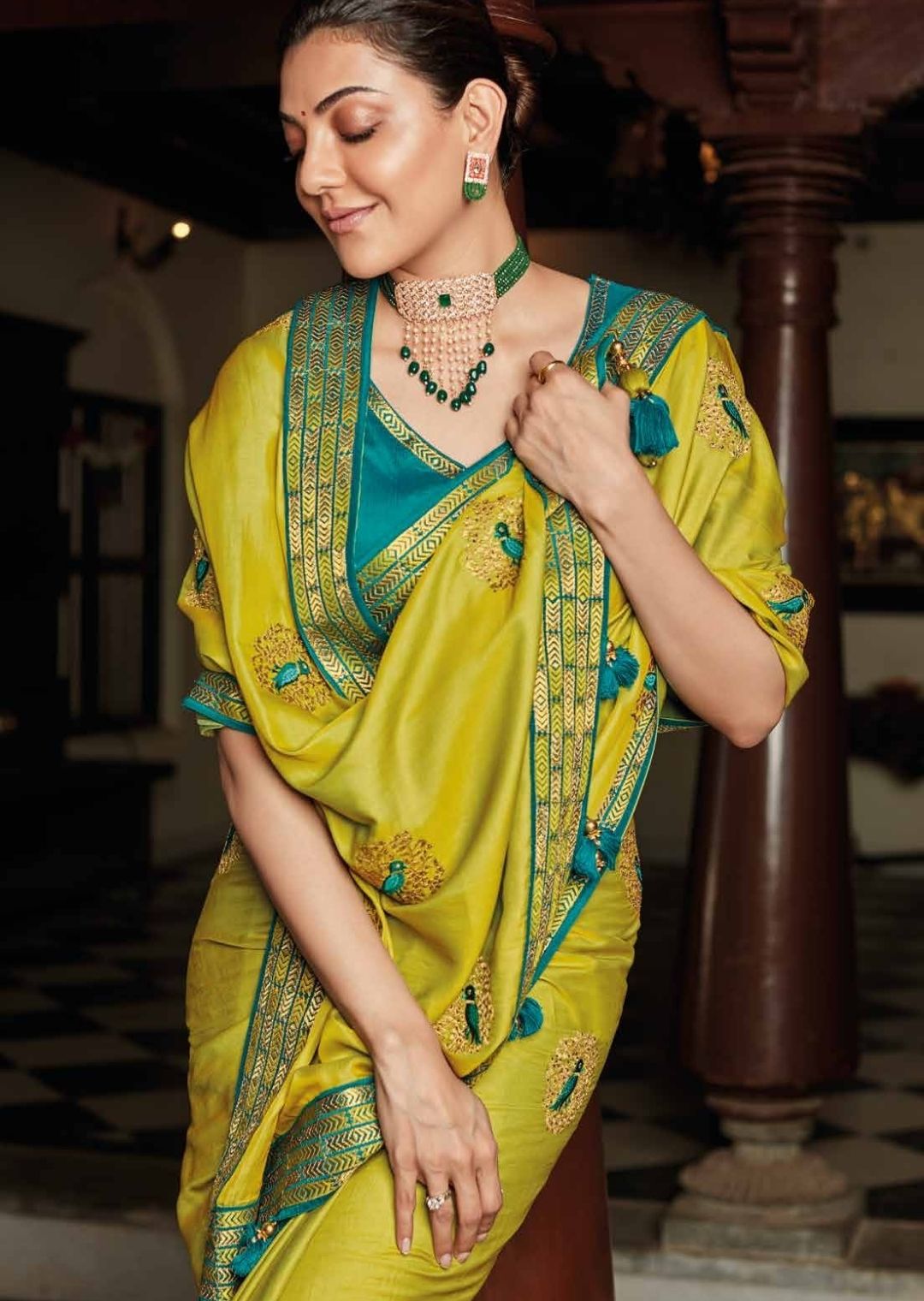 Dark Green Banarasi Silk Embroidered Saree With Yellow Blouse – Bahuji -  Online Fashion & Lifestyle Store